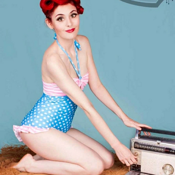 Rare Queen of Heartz pink stripe blue polka dot retro pinup swimsuit size S - Picture 12 of 12